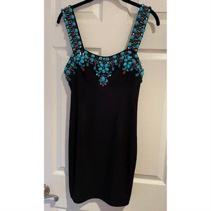 Muse (brand) sold by Boston Proper. Black Dress, bodycon, tourquoise stones